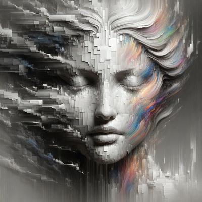 The primary subject of the image is a close-up of a woman's face, which is the main focus of the image. The setting is a digital artwork, featuring a woman with a peaceful expression. The visual style is a combination of photo and digital art, creating a unique and intriguing image. The colors and mood of the image are predominantly blue and white, giving it a calm and serene atmosphere.